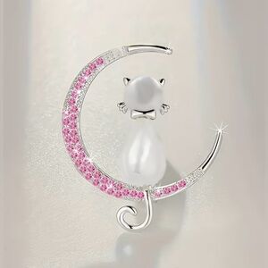 Silver-tone Cat Brooch w/imitation Pink Zirconia, Featuring Cats Eye Stone